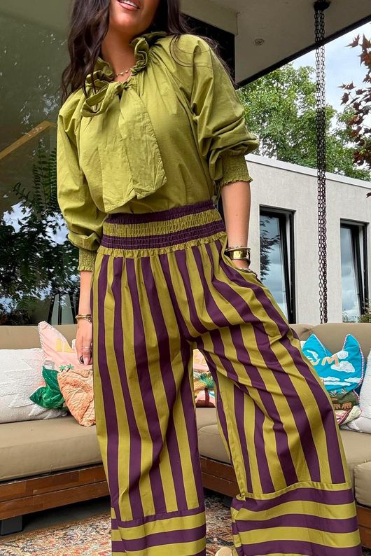 Bloc Stripe Wide Leg Pant Aubergine & Olive